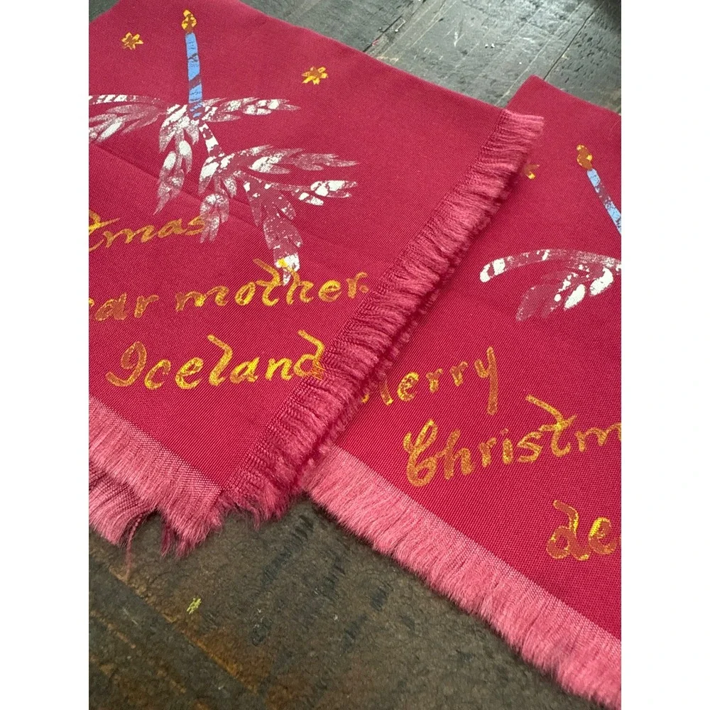 Vintage Christmas Handkerchief Napkin Cloth‎ Fringed Dear Mother Iceland Noted